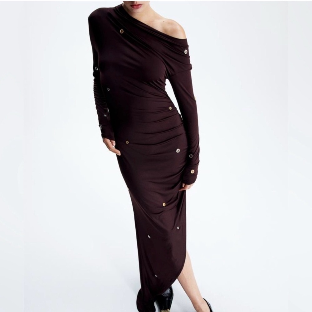 H&M Studio Edition Deep Burgundy Off-Shoulder Long Sleeve Dress, Size XL